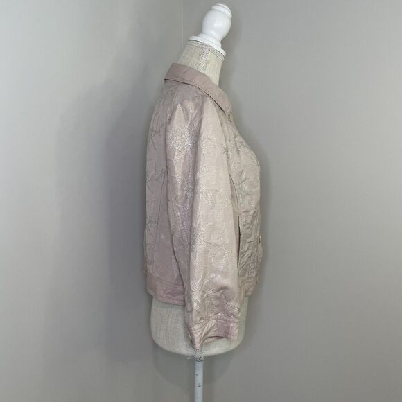 Chico's Linen Pearlized Embroidered Pink Blush Full Button Jacket Size 1 - Picture 2 of 11